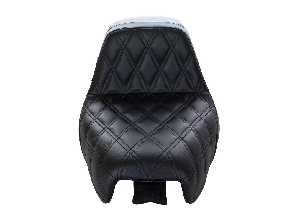 Kickflip Dual Seat with Black Double Diamond Stitch. Fits Sportster 2004-2006 & Sportster 2010-2021 Models with either 3.3 or 4.5 Gallon Tank.