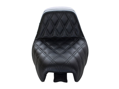 Kickflip Dual Seat with Black Double Diamond Stitch. Fits Sportster 2004-2006 & Sportster 2010-2021 Models with either 3.3 or 4.5 Gallon Tank.