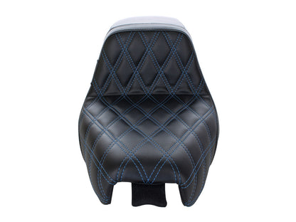 Kickflip Dual Seat with Blue Double Diamond Stitch. Fits Sportster 2004-2006 & Sportster 2010-2021 Models with either 3.3 or 4.5 Gallon Tank.