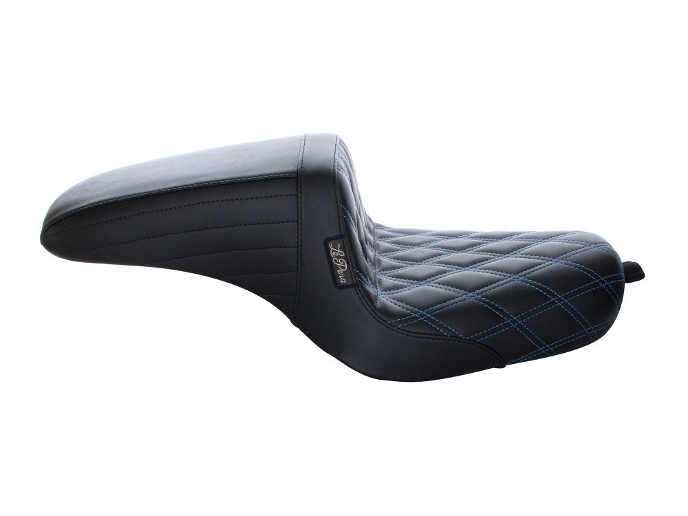 Kickflip Dual Seat with Blue Double Diamond Stitch. Fits Sportster 2004-2006 & Sportster 2010-2021 Models with either 3.3 or 4.5 Gallon Tank.