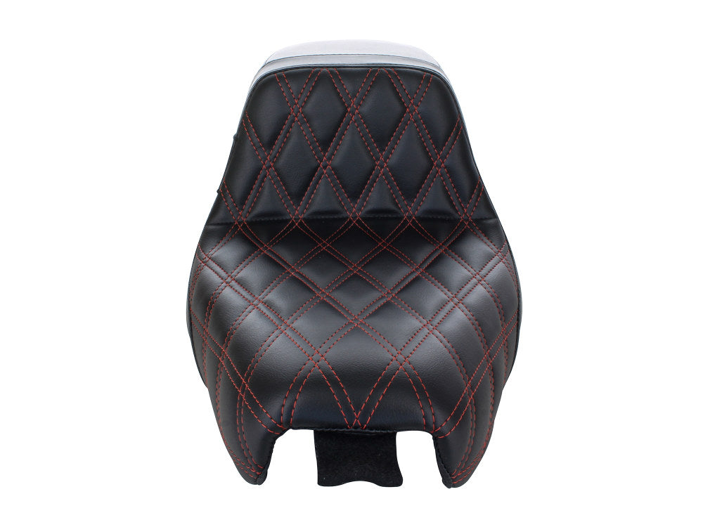 Kickflip Dual Seat with Red Double Diamond Stitch. Fits Sportster 2004-2006 & Sportster 2010-2021 Models with either 3.3 or 4.5 Gallon Tank.