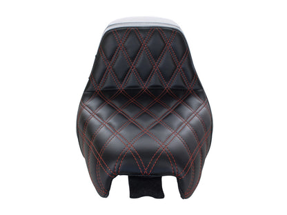 Kickflip Dual Seat with Red Double Diamond Stitch. Fits Sportster 2004-2006 & Sportster 2010-2021 Models with either 3.3 or 4.5 Gallon Tank.