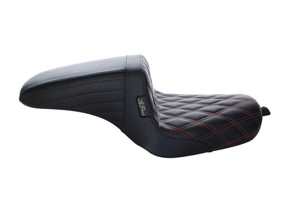 Kickflip Dual Seat with Red Double Diamond Stitch. Fits Sportster 2004-2006 & Sportster 2010-2021 Models with either 3.3 or 4.5 Gallon Tank.