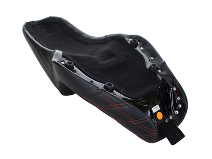 Kickflip Dual Seat with Red Double Diamond Stitch. Fits Sportster 2004-2006 & Sportster 2010-2021 Models with either 3.3 or 4.5 Gallon Tank.