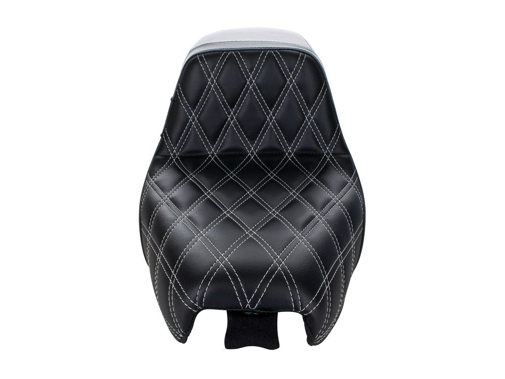 Kickflip Dual Seat with White Double Diamond Stitch. Fits Sportster 2004-2006 & Sportster 2010-2021 Models with either 3.3 or 4.5 Gallon Tank.