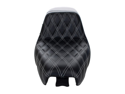 Kickflip Dual Seat with White Double Diamond Stitch. Fits Sportster 2004-2006 & Sportster 2010-2021 Models with either 3.3 or 4.5 Gallon Tank.