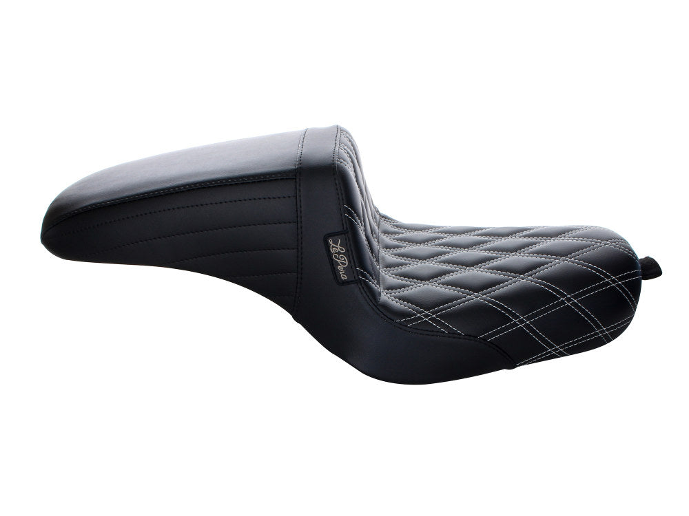 Kickflip Dual Seat with White Double Diamond Stitch. Fits Sportster 2004-2006 & Sportster 2010-2021 Models with either 3.3 or 4.5 Gallon Tank.
