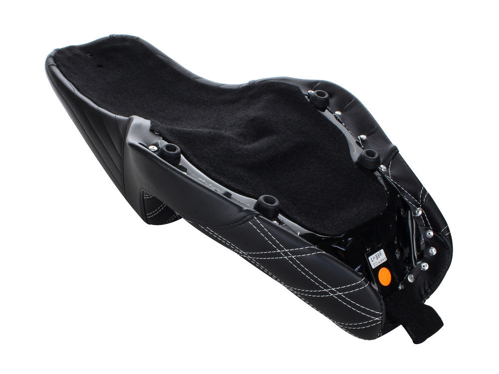 Kickflip Dual Seat with White Double Diamond Stitch. Fits Sportster 2004-2006 & Sportster 2010-2021 Models with either 3.3 or 4.5 Gallon Tank.