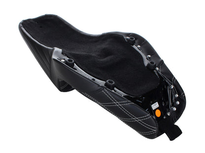 Kickflip Dual Seat with White Double Diamond Stitch. Fits Sportster 2004-2006 & Sportster 2010-2021 Models with either 3.3 or 4.5 Gallon Tank.