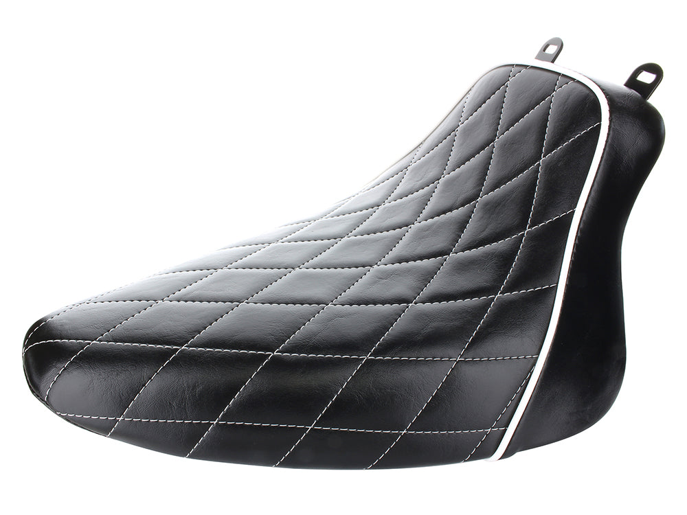 Bare Bones Solo Seat with White Stitching & White Piping. Fits Softail 2008-2017 with 150 OEM Rear Tyre.