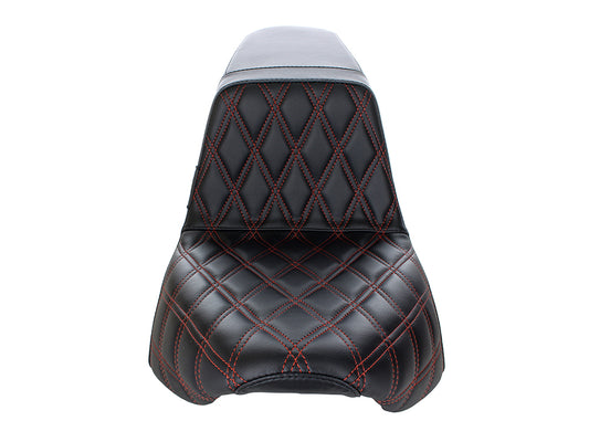 Kickflip Dual Seat with Red Double Diamond Stitch. Fits Softail Slim & Street Bob 2018up & Standard 2020up.