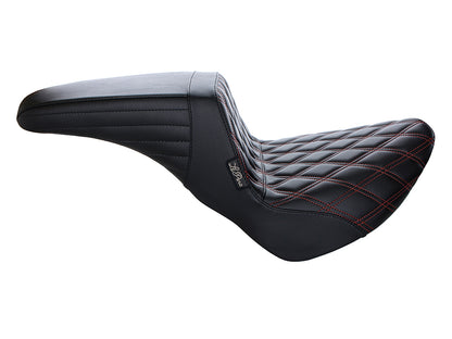 Kickflip Dual Seat with Red Double Diamond Stitch. Fits Softail Slim & Street Bob 2018up & Standard 2020up.