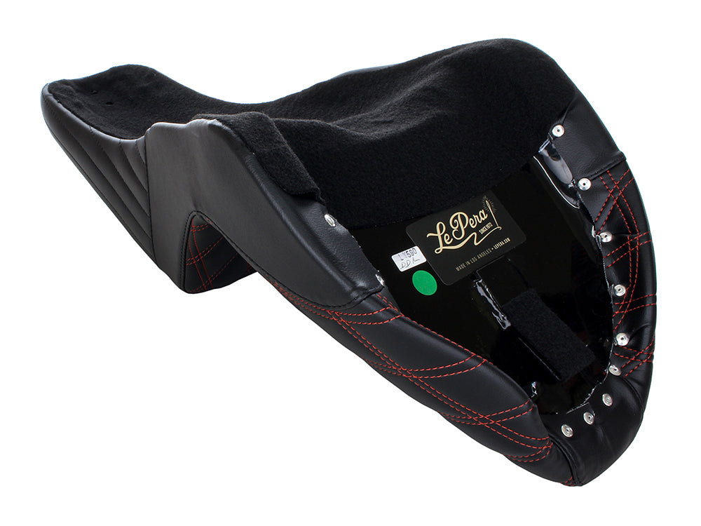 Kickflip Dual Seat with Red Double Diamond Stitch. Fits Softail Slim & Street Bob 2018up & Standard 2020up.