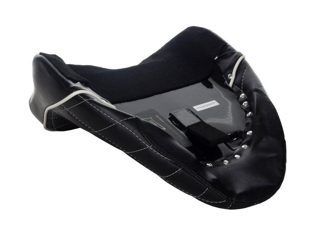 Bare Bones Solo Seat with White Diamond Stitch & Piping. Fits Softail Deluxe 2018-2020 & Heritage Classic 2018up