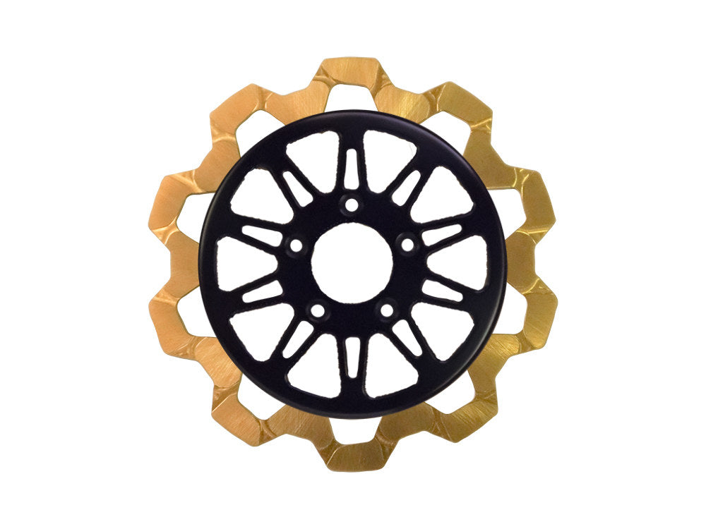 11.8in. Front Omega Bow-Tie Disc Rotor - Gold Band & Black Carrier. Fits Dyna 2006-2017, Softail 2015up, Sportster 2014-2021 & Some Touring 2008up.