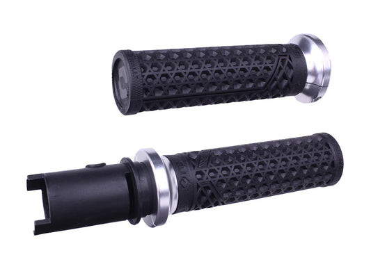 Vans Signature Lock-On Handgrips - Black/Silver. Fits CVO Touring 2023up, Street Glide & Road Glide 2024up, Touring 2025up & Softail 2025up
