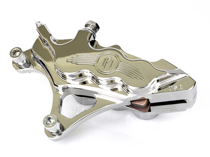 Left Hand Front 6 Piston Caliper - Chrome. Fits most Big Twin 1984-1999 & Sportster 1984-1999 Models with 13in. Disc Rotor.
