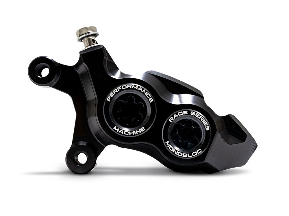 Left Hand Front 4 Piston Race Series Caliper - Black Ops. Fits Softail 2015up, V-Rod 2006-2017, Touring Most 2008-2024 & Sportster 2014-2021
