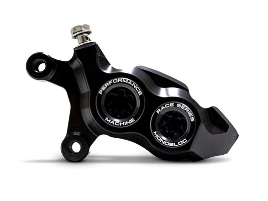 Left Hand Front 4 Piston Race Series Caliper - Black Ops. Fits Softail 2015up, V-Rod 2006-2017, Touring Most 2008-2024 & Sportster 2014-2021