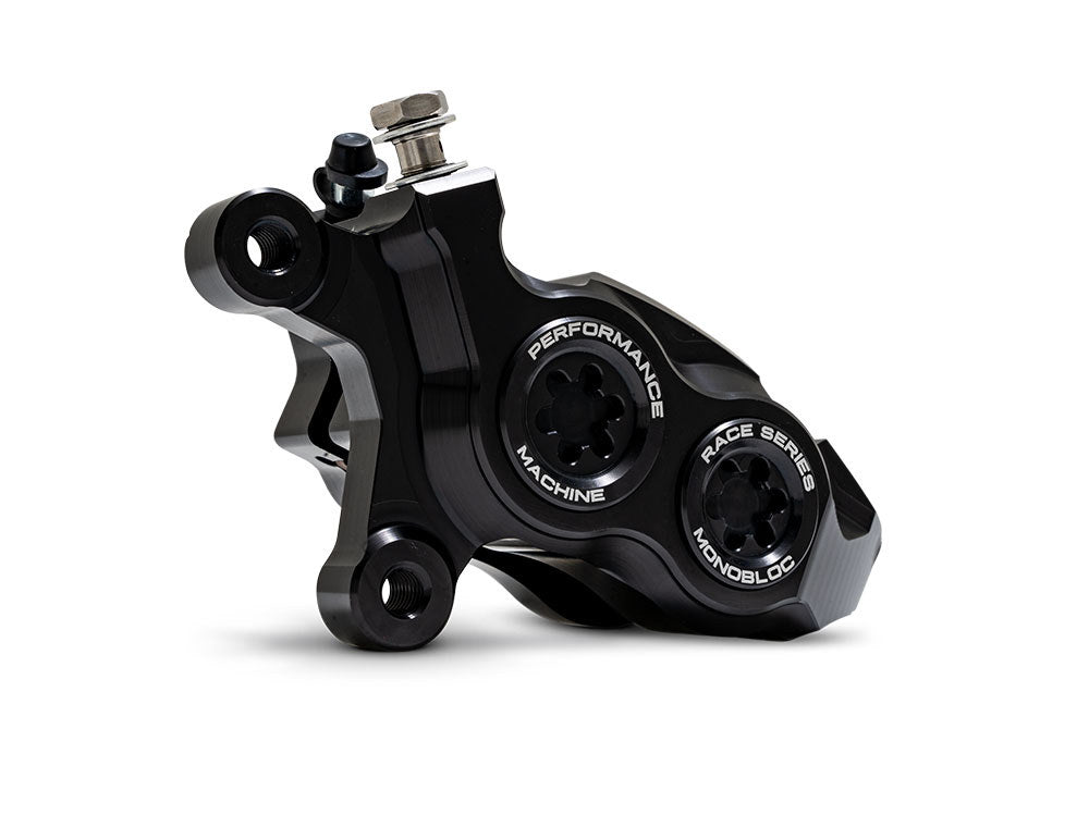 Left Hand Front 4 Piston Race Series Caliper - Black Ops. Fits Softail 2015up, V-Rod 2006-2017, Touring Most 2008-2024 & Sportster 2014-2021