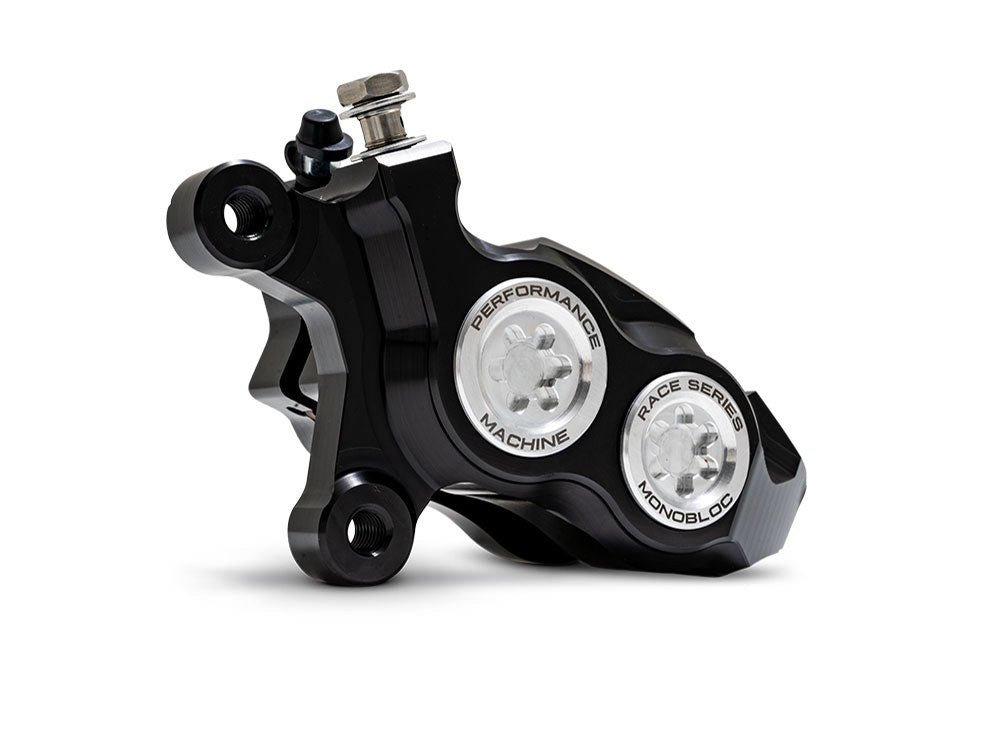 Left Hand Front 4 Piston Race Series Caliper - Black & Chrome. Fits Softail 2015up, V-Rod 2006-2017, Touring Most 2008-2024 & Sportster 2014-2021