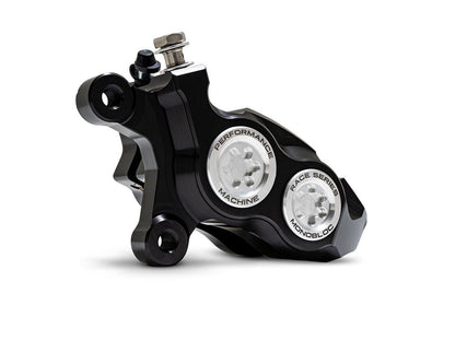 Left Hand Front 4 Piston Race Series Caliper - Black & Chrome. Fits Softail 2015up, V-Rod 2006-2017, Touring Most 2008-2024 & Sportster 2014-2021
