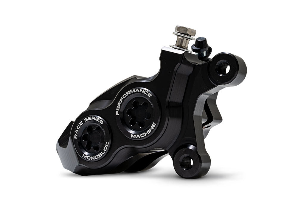 Right Hand Front 4 Piston Race Series Caliper - Black Ops. Fits Softail 2015up, V-Rod 2006-2017, Touring Most 2008-2024 & Sportster 2014-2021
