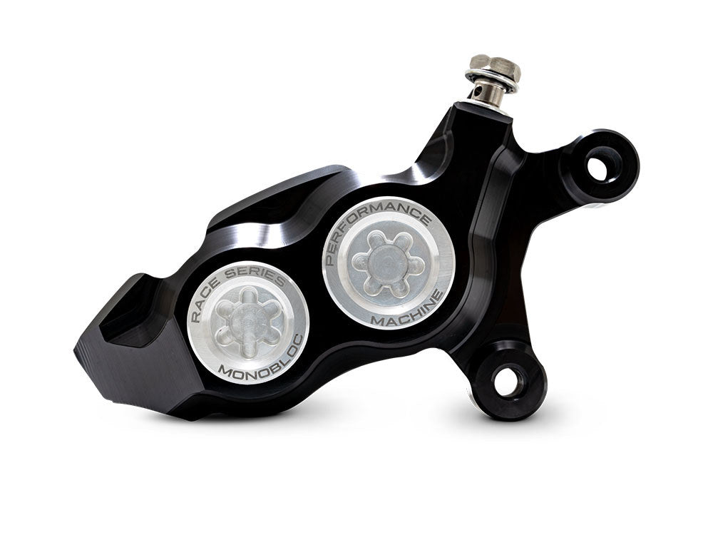 Right Hand Front 4 Piston Race Series Caliper - Black & Chrome. Fits Softail 2015up, V-Rod 2006-2017, Touring Most 2008-2024 & Sportster 2014-2021