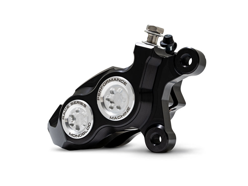 Right Hand Front 4 Piston Race Series Caliper - Black & Chrome. Fits Softail 2015up, V-Rod 2006-2017, Touring Most 2008-2024 & Sportster 2014-2021