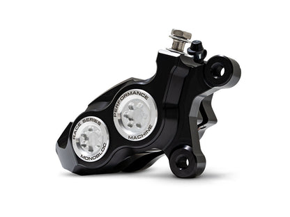 Right Hand Front 4 Piston Race Series Caliper - Black & Chrome. Fits Softail 2015up, V-Rod 2006-2017, Touring Most 2008-2024 & Sportster 2014-2021