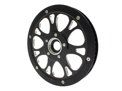 66 Tooth x 1in. wide Paramount Pulley - Black Contrast Cut Platinum. Fits Softail 2012up, Softail 2007up with 150 Rear Tyre & Touring 2007-2008.