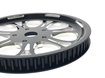 66 Tooth x 1in. wide Paramount Pulley - Black Contrast Cut Platinum. Fits Softail 2012up, Softail 2007up with 150 Rear Tyre & Touring 2007-2008.