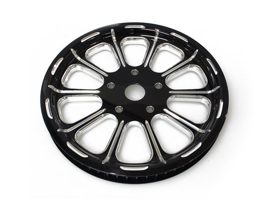 66 Tooth x 1in. wide Revel Pulley - Black Contrast Cut Platinum. Fits Softail 2012-2017, Breakout 2013-2017 & Rocker 2008-2011.