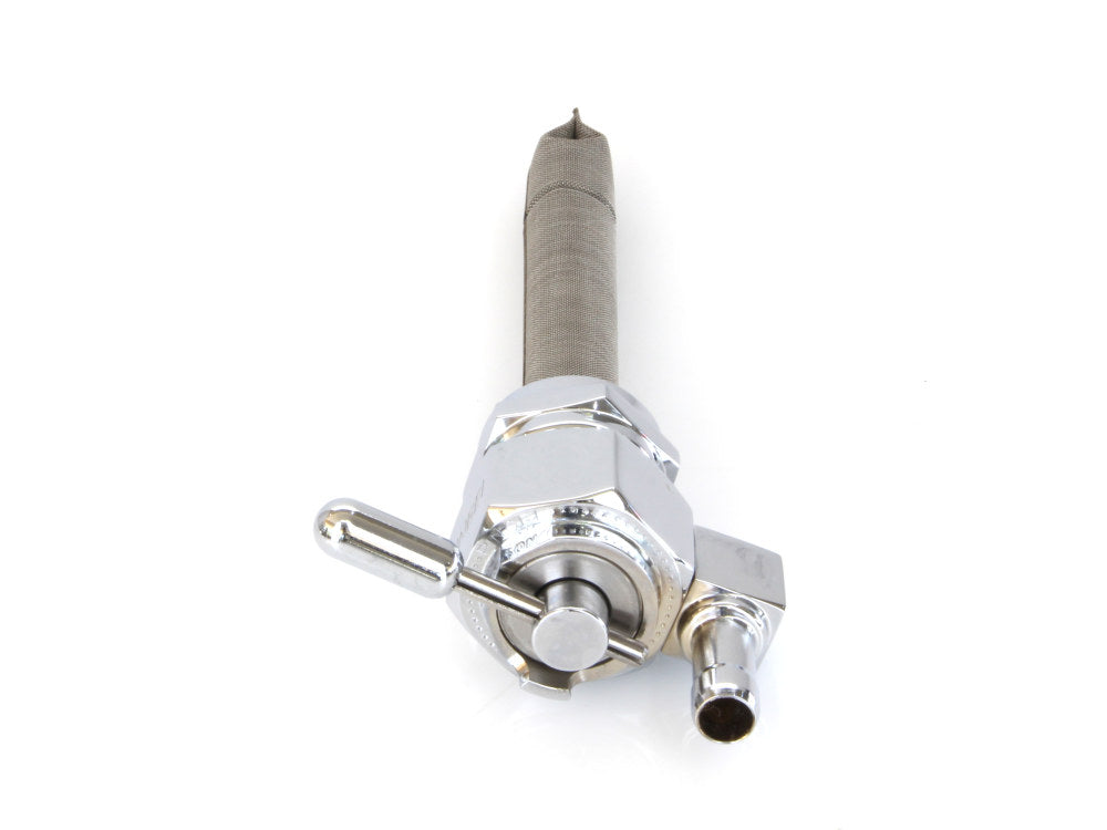 High-Flow Fuel Tap / Petcock with 22mm Thread, 5/16in. Downward Facing Fuel Outlet - Chrome. Fits Softail 1984-2006, Dyna 1991-2006, FXR 1982-1994, Touring 1988-2006, Sportster 1975-2006 & 4Spd Big Twin 1975-1986