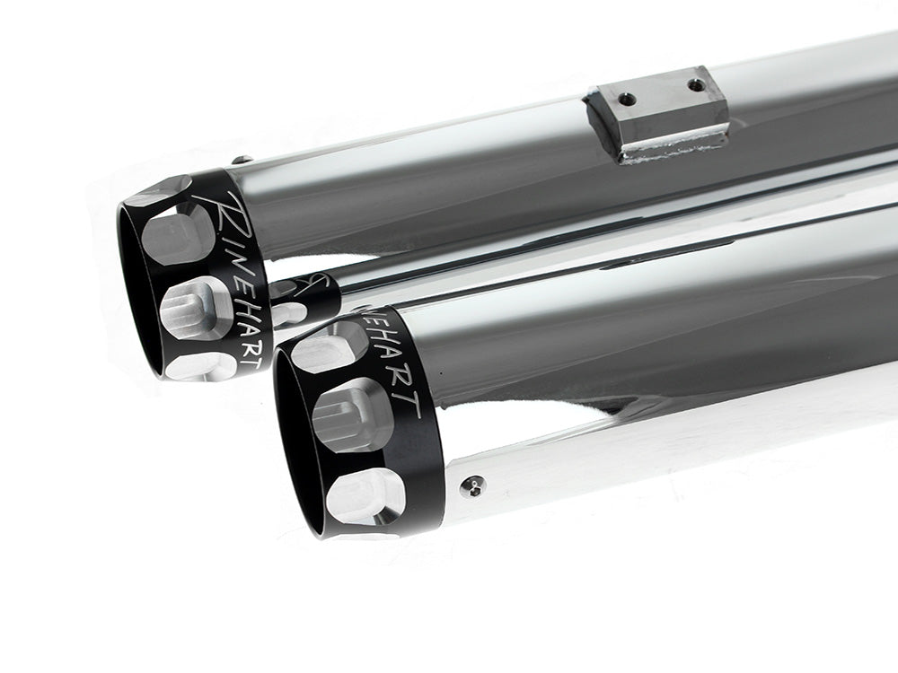 3in. Slip-On Mufflers - Chrome with Black Scalloped End Caps. Fits Softail Deuce 2007 & Fat Boy 2007-2017