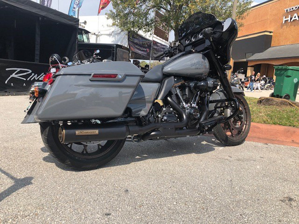 4-1/2in. HP45 Slip-On Short Race Inspired Mufflers - Black with Bronze End Caps. Fits Touring 2017up