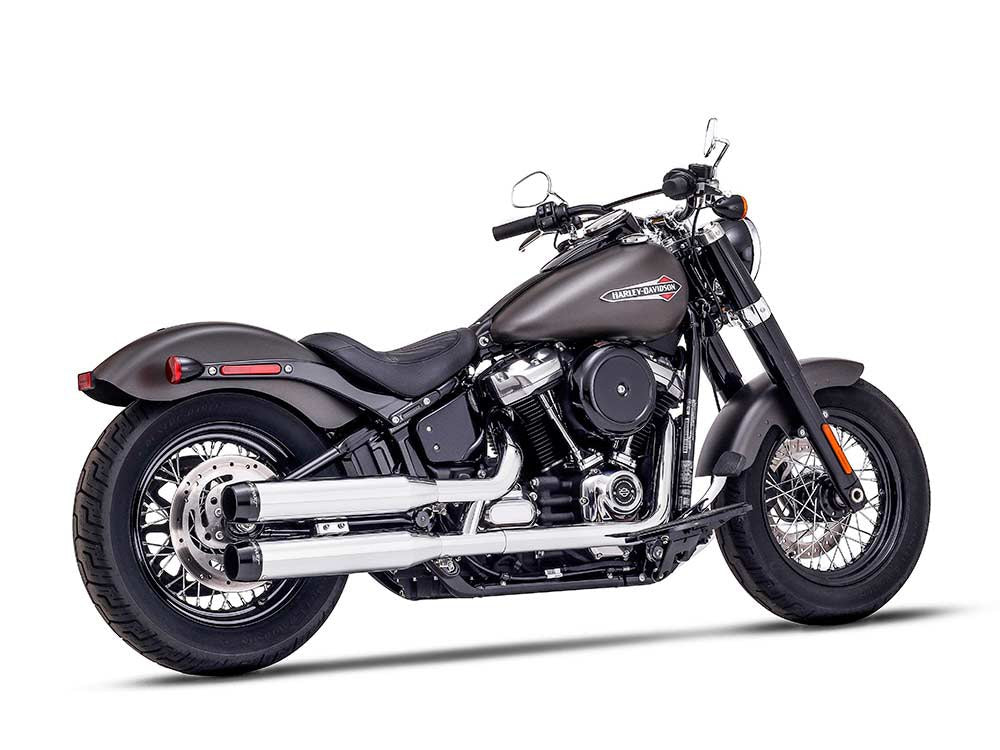 3-1/2in. Slip-On Mufflers - Chrome with Contrast Cut Black End Caps. Fits Softail Slim, Street Bob, Standard & Low Rider Models 2018-2024 & Breakout & Fat Boy 2018up