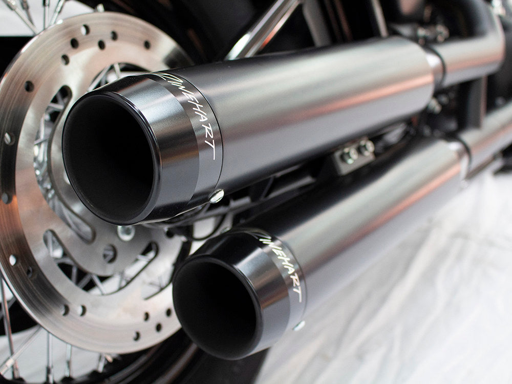 3-1/2in. Slip-On Mufflers - Black with Black Contrast Cut End Caps. Fits Softail Slim, Street Bob, Standard & Low Rider Models 2018-2024 & Breakout & Fat Boy 2018up