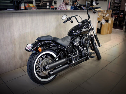 3-1/2in. Slip-On Mufflers - Black with Black Contrast Cut End Caps. Fits Softail Slim, Street Bob, Standard & Low Rider Models 2018-2024 & Breakout & Fat Boy 2018up