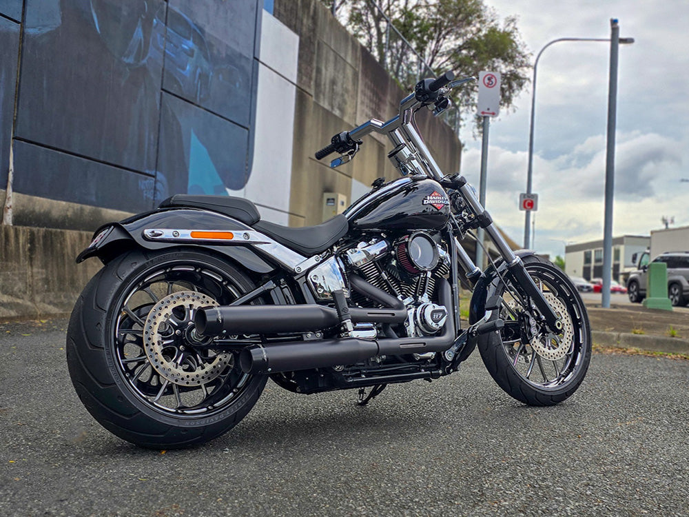 3-1/2in. Slip-On Mufflers - Black with Black Contrast Cut End Caps. Fits Softail Slim, Street Bob, Standard & Low Rider Models 2018-2024 & Breakout & Fat Boy 2018up