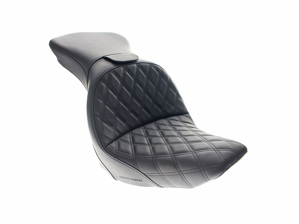 Explorer LS Dual Seat With Backrest & with Black Double Diamond Lattice Stitch. Fits Softail Deluxe & Heritage 2006-2017