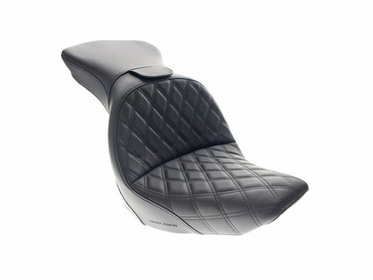Explorer LS Dual Seat With Backrest & with Black Double Diamond Lattice Stitch. Fits Softail Deluxe & Heritage 2006-2017