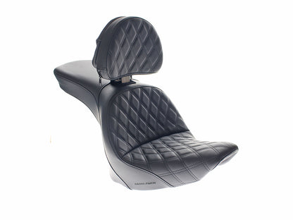 Explorer LS Dual Seat With Backrest & with Black Double Diamond Lattice Stitch. Fits Softail Deluxe & Heritage 2006-2017