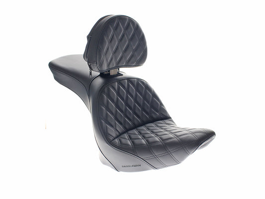 Explorer LS Dual Seat With Backrest & with Black Double Diamond Lattice Stitch. Fits Softail Deluxe & Heritage 2006-2017