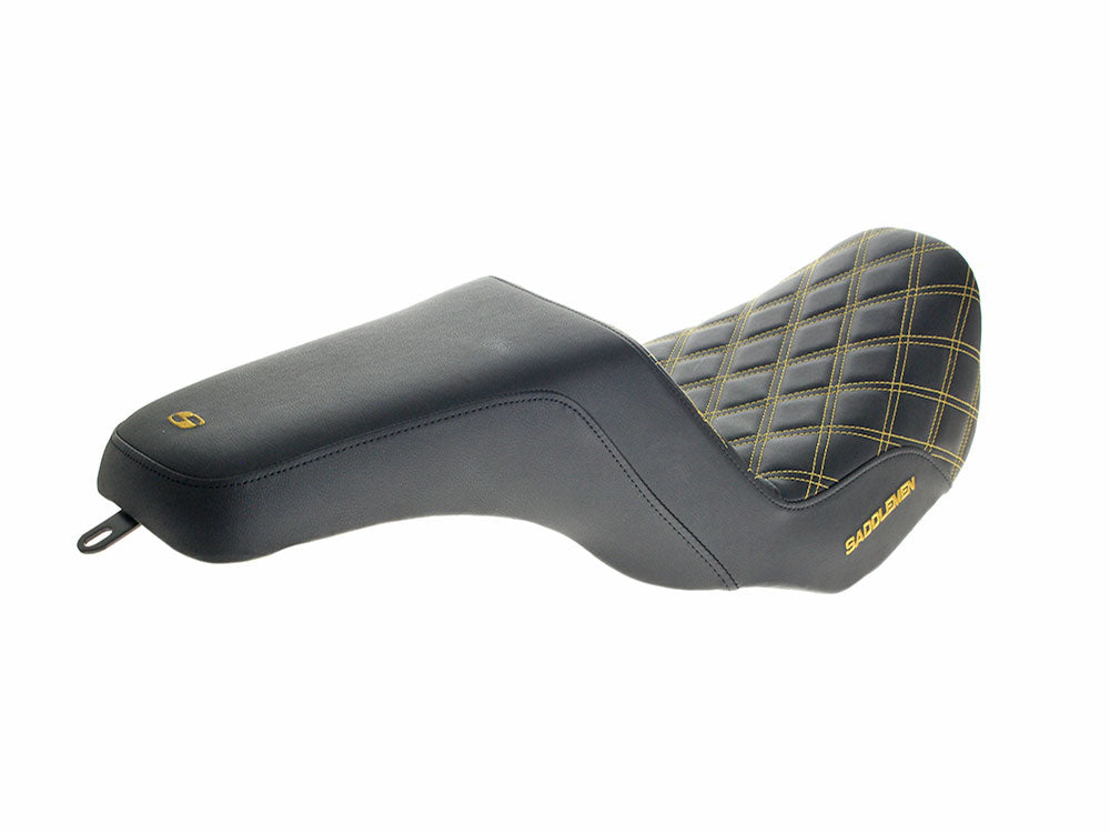 Step-Up LS Dual Seat with Gold Double Diamond Lattice Stitch. Fits Dyna 2006-2017.