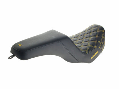 Step-Up LS Dual Seat with Gold Double Diamond Lattice Stitch. Fits Dyna 2006-2017.