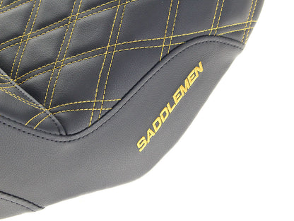 Step-Up LS Dual Seat with Gold Double Diamond Lattice Stitch. Fits Dyna 2006-2017.