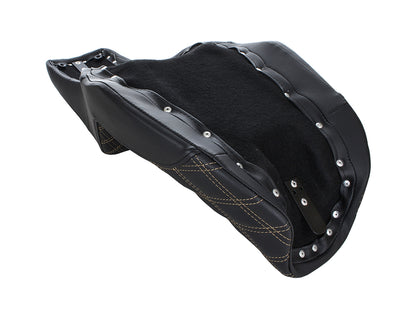 Step-Up LS Dual Seat with Gold Double Diamond Lattice Stitch. Fits Dyna 2006-2017.