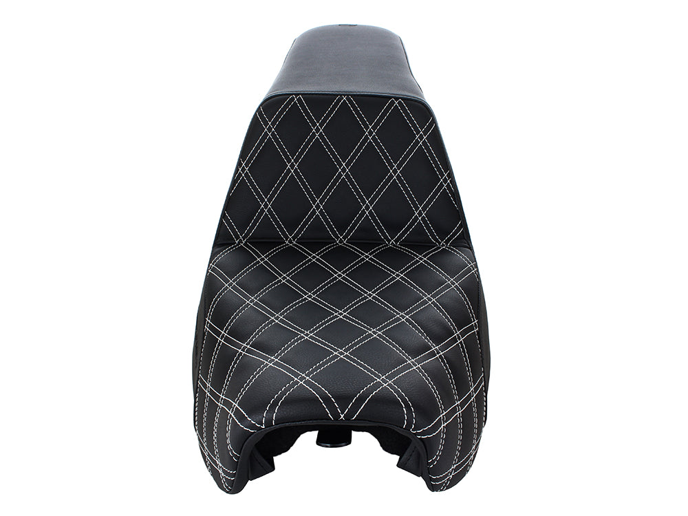 Step-Up LS Dual Seat with White Double Diamond Lattice Stitch. Fits Dyna 2006-2017.