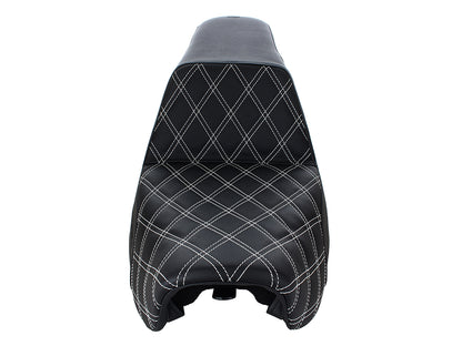 Step-Up LS Dual Seat with White Double Diamond Lattice Stitch. Fits Dyna 2006-2017.